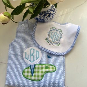 Monogrammed Seersucker Shortall, Personalized Birthday Outfit, Monogrammed Birthday Outfit, Personalized Hole in One Outfit, First Birthday