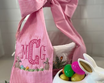 Monogrammed Easter Basket Bow, Personalized Easter Basket Sash, Embroidered Bunny Basket Gingham Bow, Monogrammed Seersucker Easter Bow