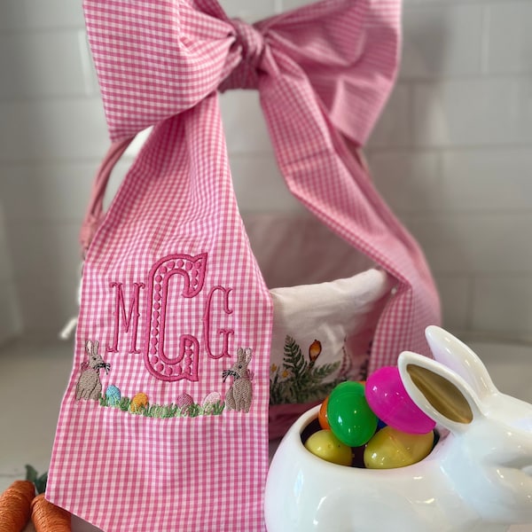 Monogrammed Easter Basket Bow, Personalized Easter Basket Sash, Embroidered Bunny Basket Gingham Bow, Monogrammed Seersucker Easter Bow