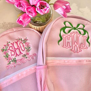 Monogrammed Seersucker Backpack, Personalized Child&#39;s Backpack, Embroidered School Backpack, Applique Monogrammed Backpack, Child Backpack