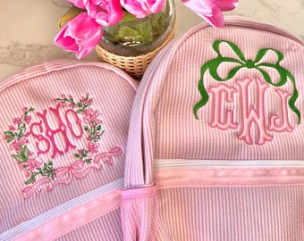 Monogrammed Seersucker Backpack, Personalized Child's Backpack, Embroidered School Backpack, Applique Monogrammed Backpack, Child Backpack