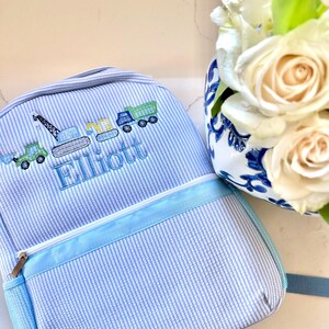 Monogrammed Seersucker Backpack, Personalized Child&#39;s Backpack, Embroidered School Backpack, Boy’s Monogrammed Backpack, Child Backpack
