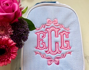 Monogrammed Seersucker Lunch Box, Personalized Child's Lunch Box, Embroidered School Lunch Box, Applique Insulated Lunch Bag, Seersucker Bag