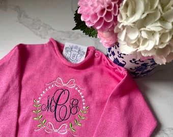 Rollneck Monogrammed Knit Sweater | Child's Personalized Sweater | Pink Floral Sweater | Classic | Preppy| Long Sleeve Embroidered Pullover