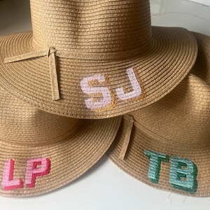 Monogram Straw Sunhat, Personalized Beach Hat, Embroidered Straw Fedora, Two Initial Shadow Monogram Hat, Bachelorette Gift, Teacher Gift