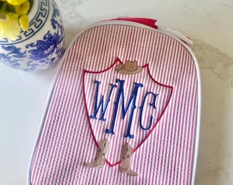 Monogrammed Seersucker Lunch Box, Personalized Child&#39;s Lunch Box, Embroidered School Lunch Box, Applique Insulated Lunch Bag, Seersucker Bag