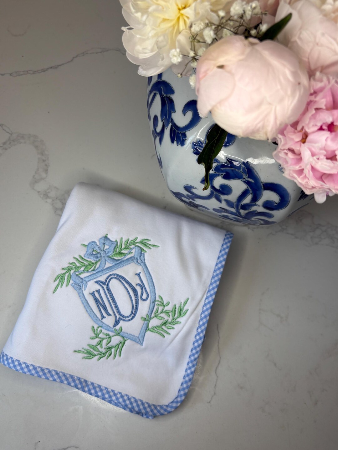 Personalized Blue Gingham Baby Blanket, Monogrammed Gingham