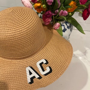 Monogram Straw Round Sunhat, Personalized Beach Hat, Embroidered Straw Hat, Two Initial Shadow Monogram Hat, Bachelorette Gift, Teacher Gift