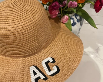 Monogram Straw Round Sunhat, Personalized Beach Hat, Embroidered Straw Hat, Two Initial Shadow Monogram Hat, Bachelorette Gift, Teacher Gift