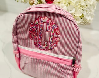 Monogrammed Seersucker Backpack, Personalized Child's Backpack, Embroidered School Backpack, Applique Monogrammed Backpack, Child Backpack