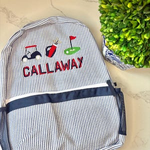 Monogrammed Seersucker Backpack, Personalized Child&#39;s Backpack, Embroidered School Backpack, Golf Monogrammed Backpack, Child Backpack