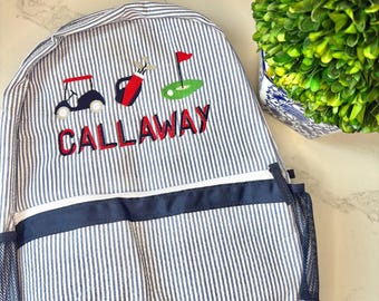 Sac à dos en seersucker à monogramme, sac à dos personnalisé pour enfant, sac à dos d'école brodé, sac à dos à monogramme de golf, sac à dos pour enfant