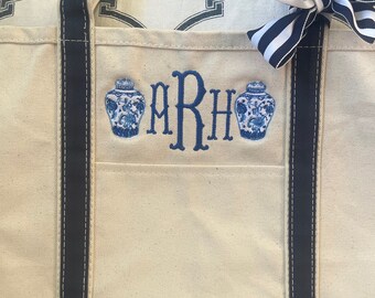 Monogrammed Ginger Jar Bag, Personalized Canvas Boat Tote Bag, Chinoiserie Bag, Personalized Diaper Bag, Pet Bag, Monogram Large Tote Bag