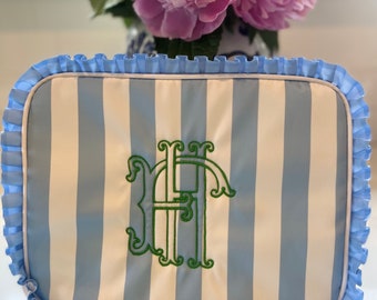 Personalized Monogrammed Ruffle Makeup Bag, Monogrammed Personalized Women's Ruffle Toiletry Bag, Personalized Embroidered Everything Bag