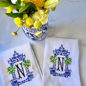 Monogrammed Kitchen Towel, Chinoiserie Kitchen Towel, Personalized Towel, Guest Bathroom, Embroidered Hand Towel, Wedding Gift, Lemon Pagoda