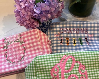 Personalized Monogrammed Gingham Makeup Bag, Monogrammed Personalized Women's Toiletry Bag, Children's Embroidered Everything Bag & Case