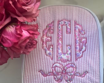 Monogrammed Seersucker Lunch Box, Personalized Child's Lunch Box, Embroidered School Lunch Box, Applique Insulated Lunch Bag, Seersucker Bag