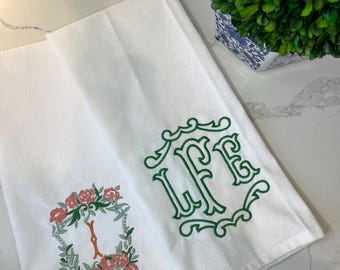 Keukenhanddoek met monogram, chinoiserie keukenhanddoek, gepersonaliseerde handdoek, gastenbadkamer, geborduurde handdoek, huwelijkscadeau, keukencadeau