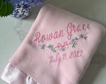 Personalized Baby Blanket, Satin Trimmed Baby Blanket, Embroidered Infant Blanket with Satin Trim, Welcome Gift, Baby Shower Present