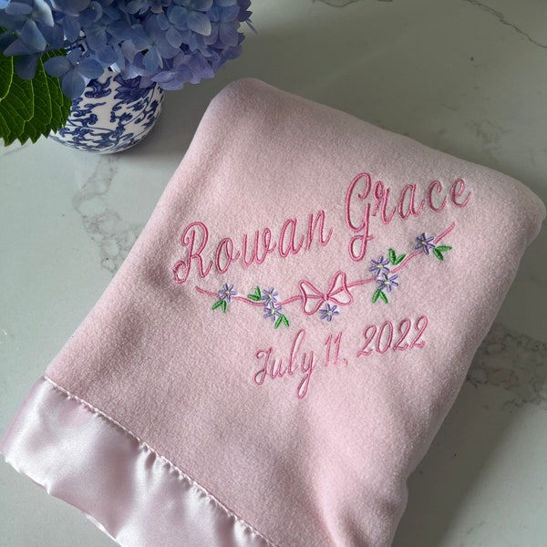 Personalized Baby Blanket, Satin Trimmed Baby Blanket, Embroidered Infant Blanket with Satin Trim, Welcome Gift, Baby Shower Present