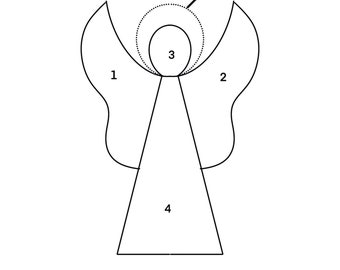 May include: A simple line drawing of an angel. The angel has large wings, a halo, and a triangular body. The word "Wire" is written above the halo. The design is in black and white.
