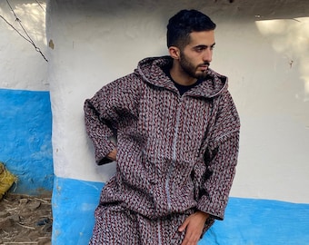 Traditional Moroccan djellaba, Wool kaftan for men, Winter berber clothing, Red white & Black Moroccan dress coat, Plus size kaftan