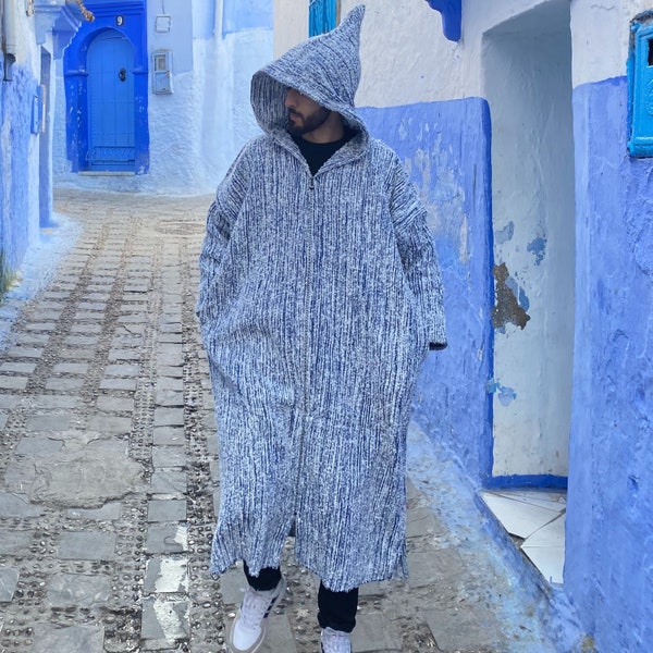 Traditional  Moroccan Djellaba  long dress for Men, Moroccan White & Blue kaftan for Men and Women