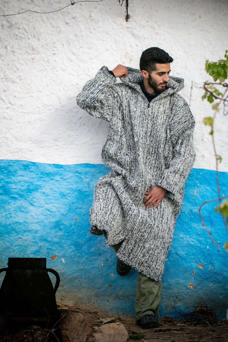 Traditional Moroccan djellaba, Wool kaftan for men, Winter berber clothing, Black & White Moroccan dress, Plus size kaftan image 5