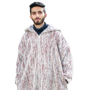 Traditional Moroccan djellaba, Wool kaftan for men, Winter berber clothing, Black & White Moroccan dress, Plus size kaftan White & garnet