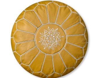 Moroccan Leather Pouffe,leather pouf ottoman, Pouffe footstool cover Yellow (NOT FILLED)