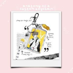 May include: Custom keychain with a clear rectangular charm featuring a yellow background and an anime-style illustration. Includes a clasp, gummy bear charm, and beaded name tag. Text reads "anatomy of a custom keychain."
