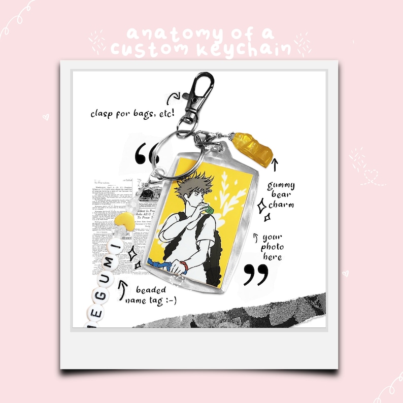 May include: Custom keychain with a clear rectangular charm featuring a yellow background and an anime-style illustration. Includes a clasp, gummy bear charm, and beaded name tag. Text reads "anatomy of a custom keychain."