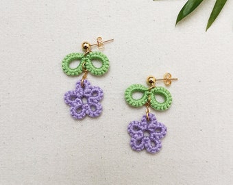 Cute flower earrings, lilac and green flower leaf earrings, y2k flower dangle earrings, flower girl, unique gifts for her