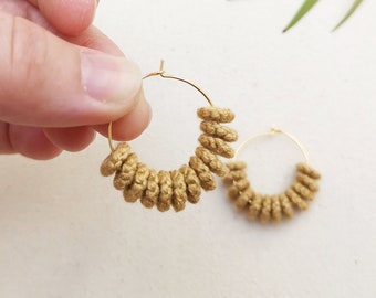 Beaded hoop earrings, tan neutral hoops, boho earrings, cool autumn jewellery, handmade beads, tatting, unique gift for her