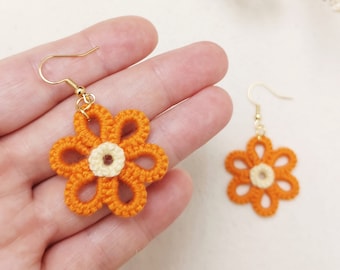 Orange daisy earrings, retro flower earrings, autumn earrings, tatting earrings, 60s flower earring, hippie flower earrings, gift for her