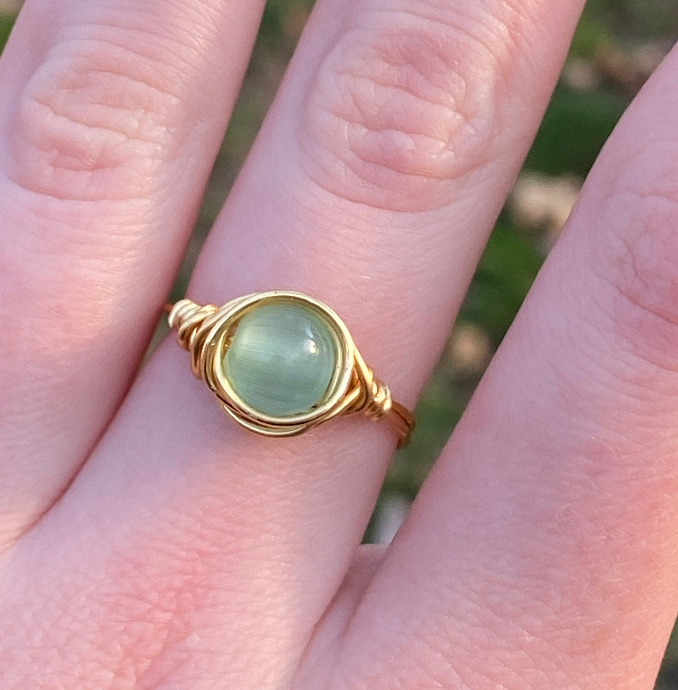 Milky Green Bead Wire Wrapped Ring Etsy