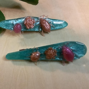 Two Bug Hair Clips, Creepy Crawly Pink and Orange Beetles With Flowers. Barrettes Are Both For Right Side of Head. That Shouldn&#39;t Bug You.