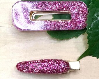 Pink Glitter Hair Clips: Sparkly Resin Barrettes, Set of 2