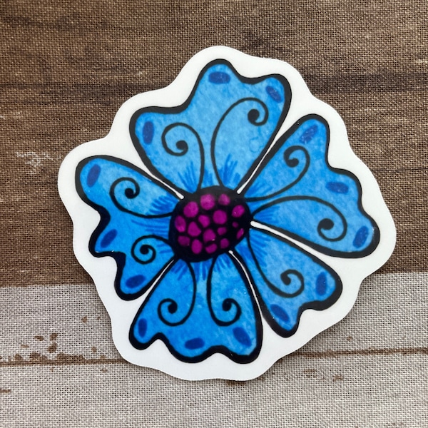 Flower Sticker, Royal Blue and Purple Flower Vinyl Waterproof Sticker, Blue Flower Decal, Bright Blue Flower Sticker, Waterbottle Sticker