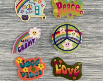 Retro 1" Mini Stickers, Journal Stickers, Planner Stickers, Peace Sign Sticker, Good Vibes Stickers, Groovy Stickers, Hippie Love Van Decal