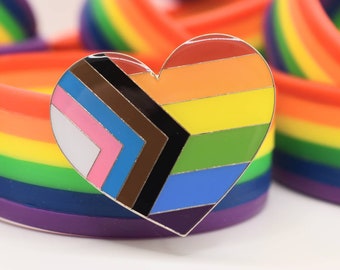 PROGRESS PRIDE. Inclusuve LGBTQIA+ enamel pin. 1.5 inch heart