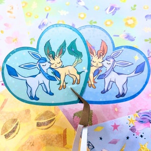 Sticker Saint Valentin feuille Glacie | Poké Pal | Evelution | Holographique | Vinyle imperméable | Kawaii | Mignon | Animés | Lovecore