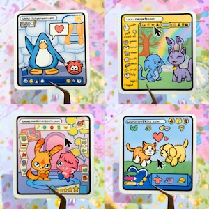 May include: Four colorful computer screen stickers featuring popular online games from the early 2000s. The stickers feature the websites Club Penguin, Neopets, Webkinz, and Moshi Monsters. Each sticker has a cartoon-style design with characters from the respective games.