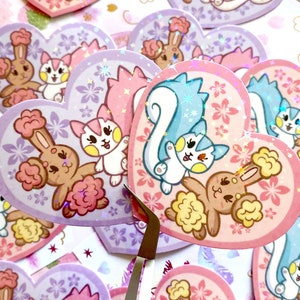Pachi Squirrel and Bunny Shiny Poke Pal Lovecore | Holographic Sticker Waterproof Vinyl | Kawaii Cute Anime Valentines Day Pink Purple