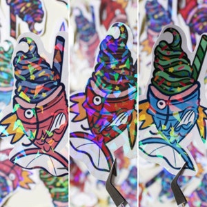 Glace magique poisson koï | autocollant holographique | Autocollant en vinyle laminé | Papeterie holographique | Stickers orange, rose ou bleu