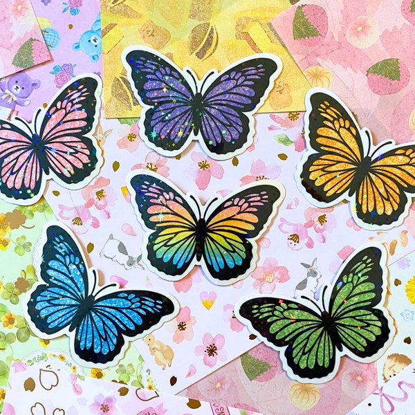 Butterfly Holographic Vinyl Stickers | Laminated Die Cut | Rainbow Pink Orange Green Blue & Purple Butterflies | Laptop Decals Stationery |