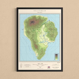 イスラ・ヌブラル島の地形図プリント：ジュラシック・パーク風ウォールアート - チャート版（カラー）