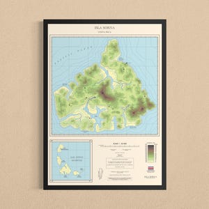May include: A framed topographic map of Isla Boruca, Costa Rica, featuring a large central island illustration with green terrain and blue ocean, a smaller inset map, a scale bar, and text details printed on a cream background with a black border.
