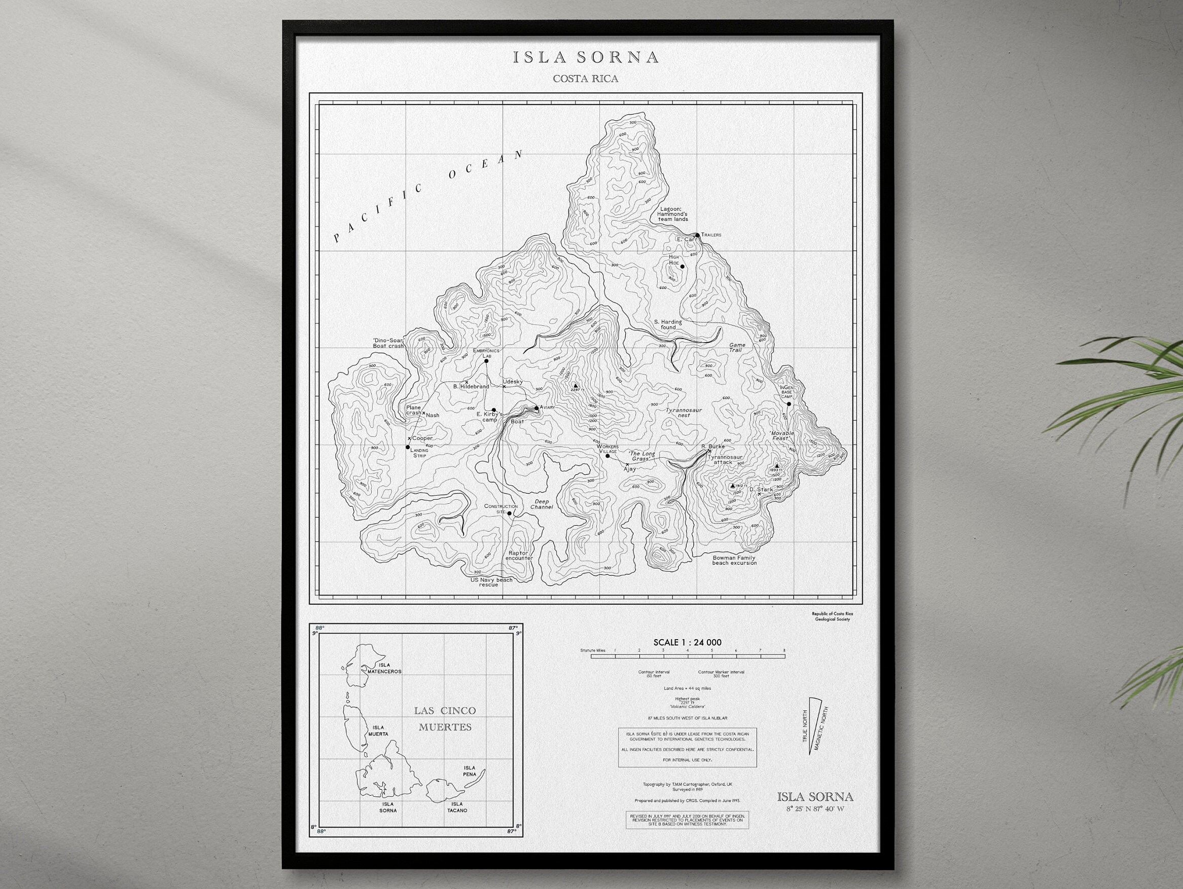 Jurassic Park Minimalist Map Poster Gift for Him - Man Cave Decor Movie Posters Film Print Dinosaur Wall Art Isla Sorna Jurassic Park Poster