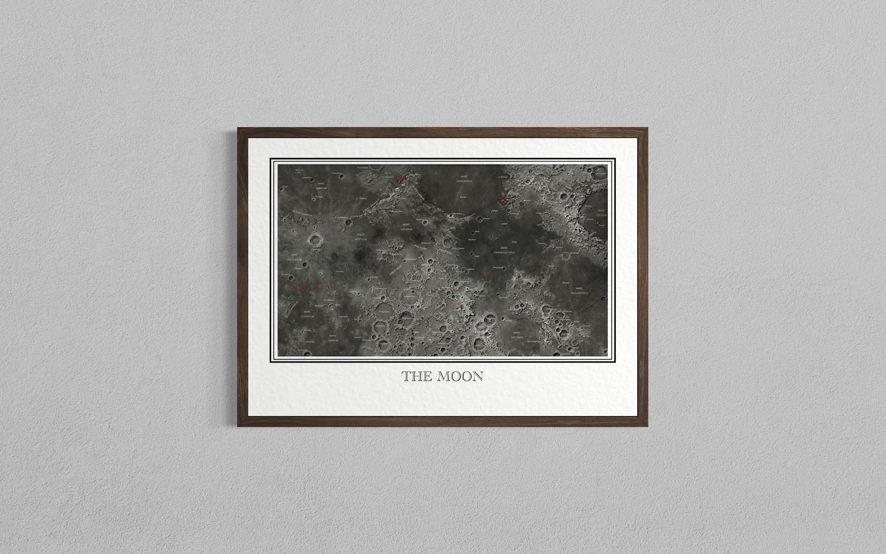 THE MOON 月面図 アルミ枠入り Apollo Landing Sites Map Print | Lunar Exploration Chart | the